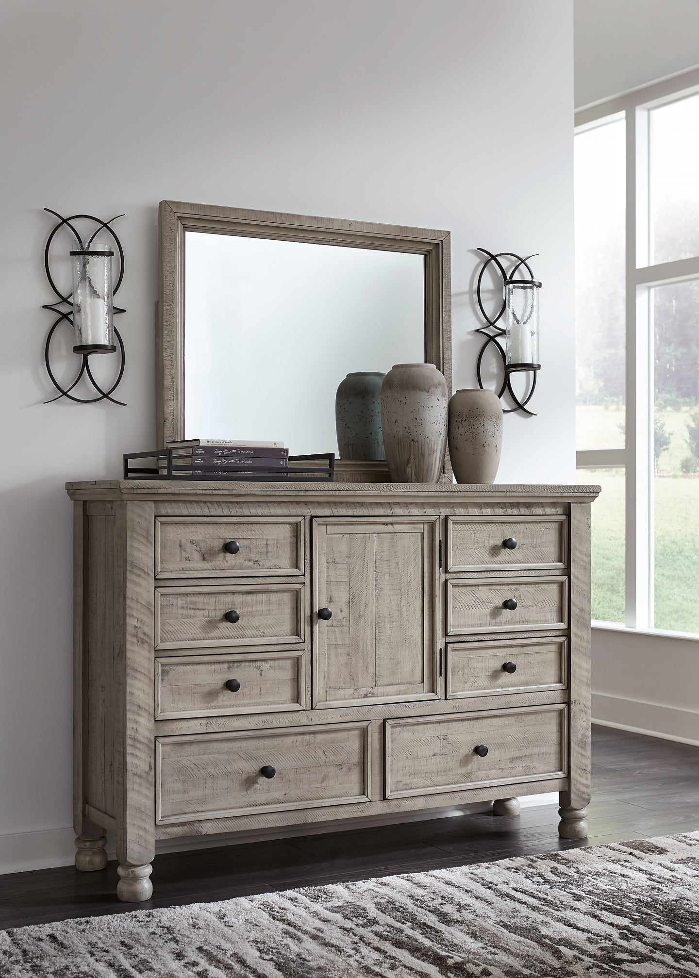 Harrastone King Panel Bed with Mirrored Dresser and Chest
